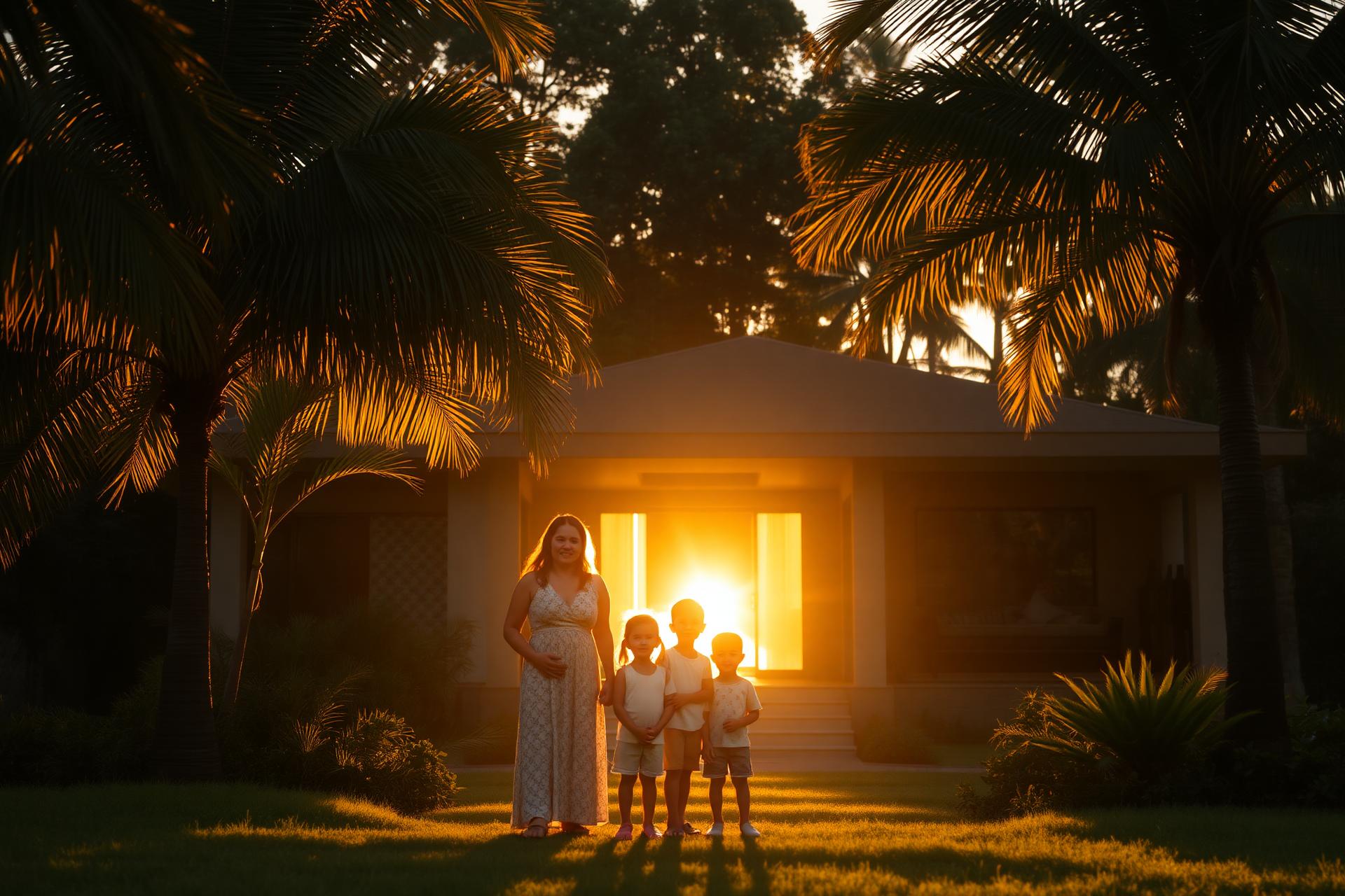 Família protegida em casa cercada por natureza ao pôr do sol